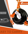 30 Amp RV Extension Cord 25 Ft With Locking TT-30P To L5-30R Connector, Heavy Duty 10/3 Gauge Copper, Weather Resistant STW Insulated, Perfect For Campgrounds, Generators, And Park Power Access. Coiled black RV cord with orange locking plugs and carry strap.
