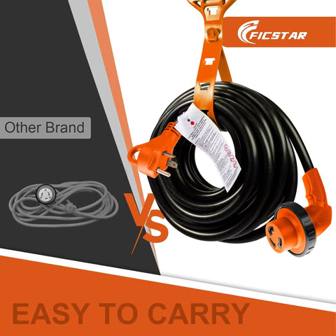 30 Amp RV Extension Cord 25 Ft With Locking TT-30P To L5-30R Connector, Heavy Duty 10/3 Gauge Copper, Weather Resistant STW Insulated, Perfect For Campgrounds, Generators, And Park Power Access. Coiled black RV cord with orange locking plugs and carry strap.