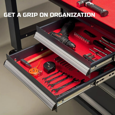 Tool Box Liner 16 Inch Wide By 18 Feet Long Heavy Duty Rubber Mat For Drawer Rolling Tool Chest Cabinet And Workbench Grippy Anti Slip Pad Keeps Tools From Sliding Scratching And Spills Red in drawer with tools