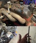 Damaged Bolt And Stud Extractor Tool grips and removes one quarter to one half inch studs with three eighth inch drive installed on engine