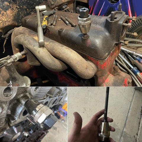 Damaged Bolt And Stud Extractor Tool grips and removes one quarter to one half inch studs with three eighth inch drive installed on engine