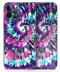 Full Body iPhone 13 Skin Wrap Kit Spiral Tie Dye V3 With Air Release Adhesive displayed on iPhone 13 front and back.