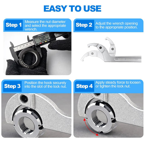 Heavy Duty Adjustable C Spanner Wrench Set In Chrome Vanadium For Tightening Side Slot Nuts On Collars, Lock Nuts And Bearings Collets, usage steps
