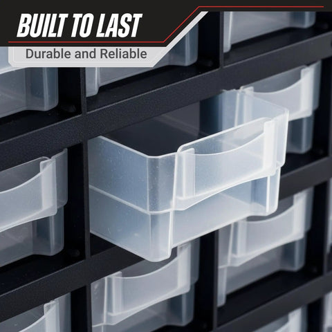 Close-up of 41 Drawer Plastic Tool Organizer Storage Bin With Drawers For Hardware Craft Beads Toys Nuts And Bolts Garage Workshop Home