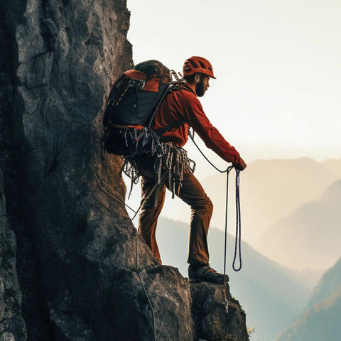 Climber using 8mm Sewn Prusik Loop For Climbing Rigging And Rescue CNC Stitched Rope Loop For Arborists in mountain setting