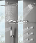 GRANDJOY 16" Dual Shower System with Handheld Spray, Brushed Nickel showcasing various spray patterns with rainfall and side heads.