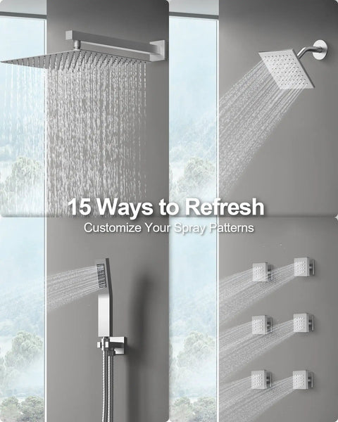 GRANDJOY 16" Dual Shower System with Handheld Spray, Brushed Nickel showcasing various spray patterns with rainfall and side heads.