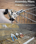 Heavy Duty Hog Ring Pliers Kit With 600 Galvanized Hog Rings, shown fastening wire cage with red manganese steel pliers.
