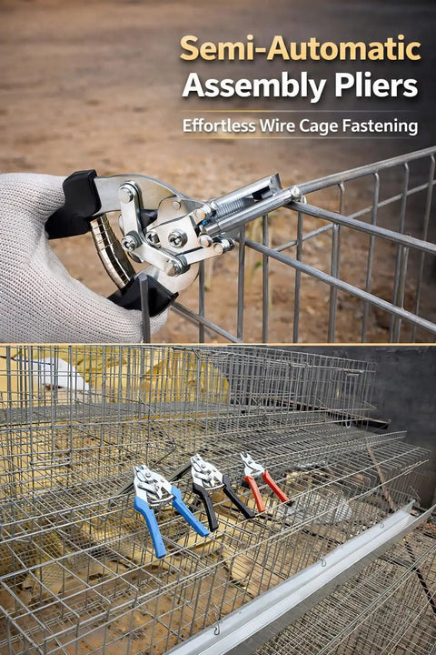 Heavy Duty Hog Ring Pliers Kit With 600 Galvanized Hog Rings, shown fastening wire cage with red manganese steel pliers.