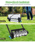 18 Inch Push Lawn Aerator With Four Wheels And 45 Inch Handle Heavy Duty Spike Drum Aerator demonstrating aerating and moving on grass