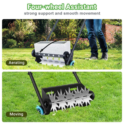 18 Inch Push Lawn Aerator With Four Wheels And 45 Inch Handle Heavy Duty Spike Drum Aerator demonstrating aerating and moving on grass