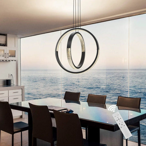 Modern LED Chandelier With Dimmable Remote Control, Acrylic Crystal Ring Pendant Light, Two Ring Design, Gray over dining table.