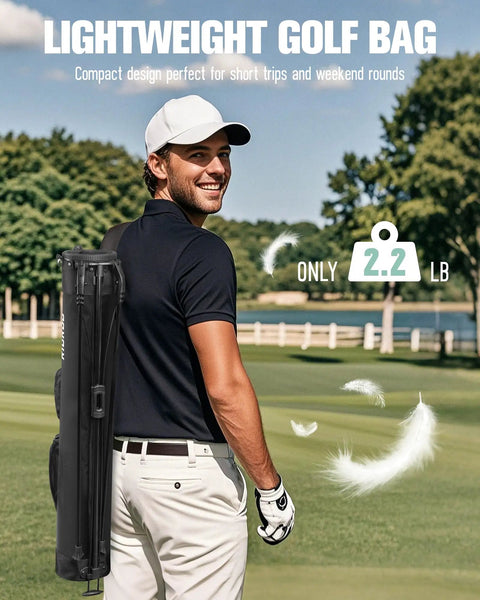 Man carrying ultra lightweight stand golf bag for men and women holds seven to eight clubs two way divider system built in cooler