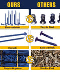 Comparison of rust-resistant blue masonry screws and rusty regular screws with labels highlighting durability and organization features.