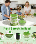 Family using 4-Tier Sprouts Growing Kit With Drain Hose And Ventilation Holes, including stackable trays with fresh sprouts on kitchen counter