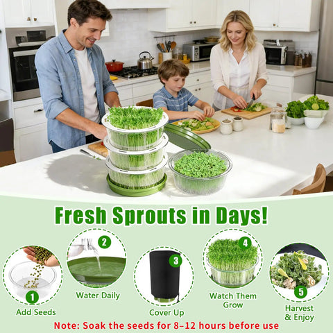 Family using 4-Tier Sprouts Growing Kit With Drain Hose And Ventilation Holes, including stackable trays with fresh sprouts on kitchen counter
