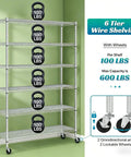 Beefy 6-Tier Wire Shelving Unit With Wheels, 6000 lb Capacity Steel Rack for Garage and Shop, Adjustable NSF Shelves, Black Finish, 48L X 18W X 72H, Quick Snap Assembly No Tools Required, six-tier wheeled steel rack with 100 lb per shelf