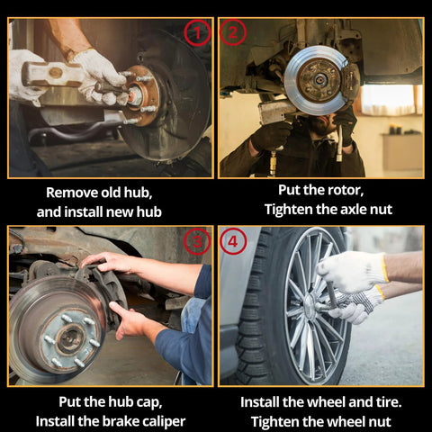 Installing rear wheel bearing hub assembly for Ram ProMaster 1500-3500, step-by-step guide with hub placement and wheel fitting.