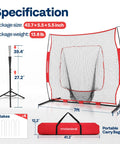 Backyard Baseball And Softball Batting Net 7x7 Ft backstop with red frame, batting tee, stakes, and carry bag.