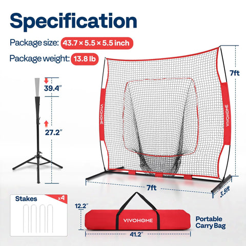 Backyard Baseball And Softball Batting Net 7x7 Ft backstop with red frame, batting tee, stakes, and carry bag.