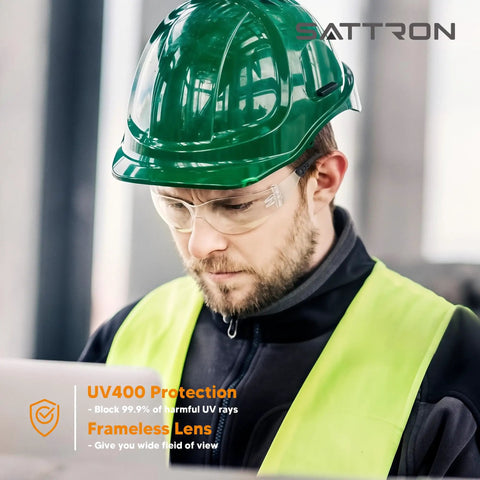 Man wearing Clear Safety Glasses 24 Pack With Polycarbonate Lenses ANSI Z87.1 Anti-Scratch And Impact Resistant Eyewear for Work