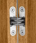 Hidden Folding Door Hinge With Nickel Plated Zinc Alloy Finish, Invisible Style Connector For Interior Doors shown installed on wood
