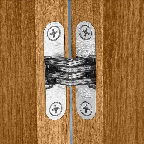 Hidden Folding Door Hinge With Nickel Plated Zinc Alloy Finish, Invisible Style Connector For Interior Doors shown installed on wood