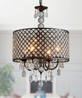 Antique Black Hanging Pendant Light With Crystal Drum Shade, Four Light Farmhouse Chandelier For Kitchen Island, Living Room Or Bedroom