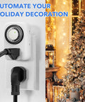 Indoor Mini 24 Hour Mechanical Outlet Timer With 30 Minute Intervals 3 Prong Plug 2 Pack in use near holiday decorations.
