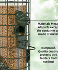 Close-up of green Gravity Fed Squirrel Proof Bird Feeder For Outdoors Easy Hangin With Metal Mesh Design Large 3Lb Capacity
