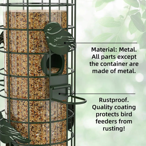 Close-up of green Gravity Fed Squirrel Proof Bird Feeder For Outdoors Easy Hangin With Metal Mesh Design Large 3Lb Capacity