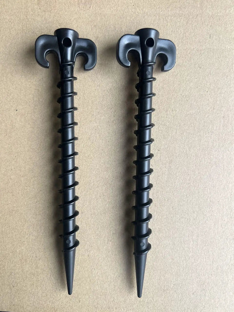 Heavy Duty Plastic Tent Stakes 20cm 4 Pack Windproof Camping Beach Anchors with durable screw design for soil and sand.