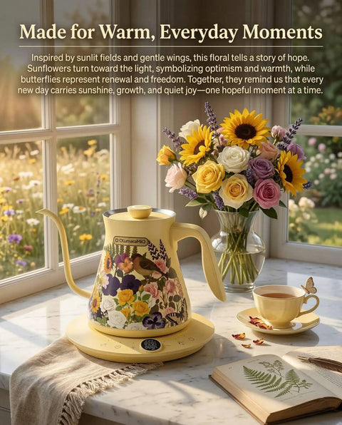Floral Design Gooseneck Electric Kettle With 0.8L Capacity Precise One Degree Fahrenheit Temperature Control on kitchen counter