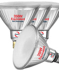 Four 350 Watt Equivalent PAR38 LED Flood Light Bulbs, Beast Bright 5200 Lumens, Daylight 5000K, featuring non-dimmable full glass design.