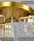 Gold Crystal 3 Light Semi Flush Mount Ceiling Light For Kitchen Entryway Bedroom And Bathroom Modern Industrial Glam Fixture with metal ceiling plate and clear K9 crystals