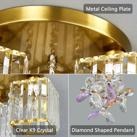 Gold Crystal 3 Light Semi Flush Mount Ceiling Light For Kitchen Entryway Bedroom And Bathroom Modern Industrial Glam Fixture with metal ceiling plate and clear K9 crystals
