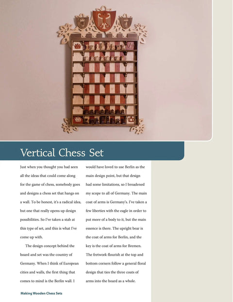 Top Shelf Wooden Chess Sets Made Easy Knockout Scroll Saw Pattern Book Vertical wall-mounted chess set design with intricate carvings.
