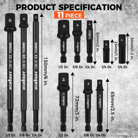 Heavy Duty Impact Socket Adapters Set For Drills In One Quarter Inch Hex Shank And Three Eighths Inch And One Half Inch Sizes, CRV Steel