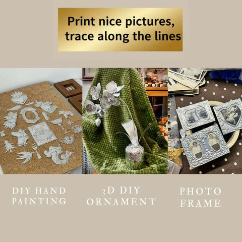 Gold Tin Foil Craft Kit with 15 dual-sided aluminum sheets, DIY hand painting, 3D ornament, and photo frame on display