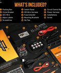 Contents of 8 Gang Switch Panel With Auto Dimmable LED Touch Control, relay box, wiring, and accessories laid out on table, IP65 Waterproof, 12 24V, 60A Max, Blue.