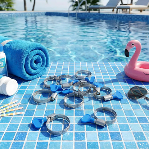 10 Pack 1-1/2 Inch Beefy Stainless Steel Hose Clamps for PVC Tubing and Pool Backwash on a poolside tile surface.