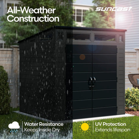 Modern Outdoor Storage Shed With Floor Included, 200 Cu Ft Weatherproof Resin Garden Shed showcasing water and UV resistance features
