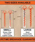 Beefy Ground Anchors For Camping And Tents, Screw-In Stakes That Grip In High Wind And Sand, Includes T-Grip Tool, Small 4 Pack In Bright Orange, Made In USA, Versatile Canopy And Outdoor Use Stakes For Grassy Or Sandy Surfaces comparison chart.