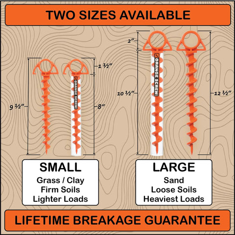 Beefy Ground Anchors For Camping And Tents, Screw-In Stakes That Grip In High Wind And Sand, Includes T-Grip Tool, Small 4 Pack In Bright Orange, Made In USA, Versatile Canopy And Outdoor Use Stakes For Grassy Or Sandy Surfaces comparison chart.