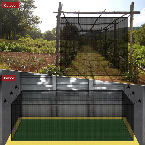 Indoor and backyard batting cage kit with netting and tension wire retractable cable system set up in garden and garage.