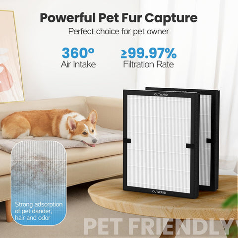 2 Pack E-200 Air Filter Replacement For E-200 Purifier With 3 Stage Filtration displayed with pet-friendly features