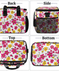 Back, side, top, and bottom views of Insulated Picnic Backpack With Lunch Box showing floral pattern and mesh pockets.
