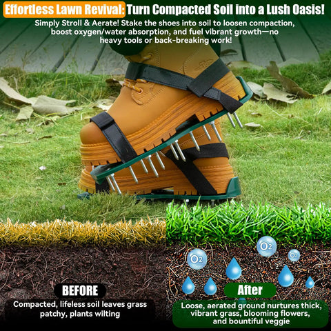 Heavy Duty Metal Lawn Aerator Shoes With Three Quarter Inch Spikes on grass showing soil aeration impact