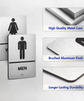 Two Piece ADA Restroom Signs For Business Men's And Women's Bathroom Sign Set In Silver Brushed Aluminum Raised Braille Self Adhesive 9 By 6 Inches Durable shown with material and durability features