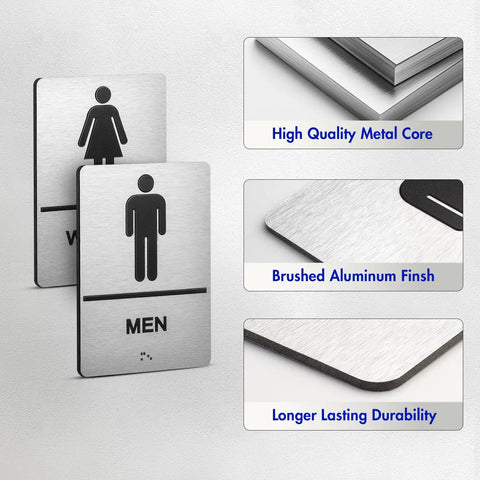 Two Piece ADA Restroom Signs For Business Men's And Women's Bathroom Sign Set In Silver Brushed Aluminum Raised Braille Self Adhesive 9 By 6 Inches Durable shown with material and durability features
